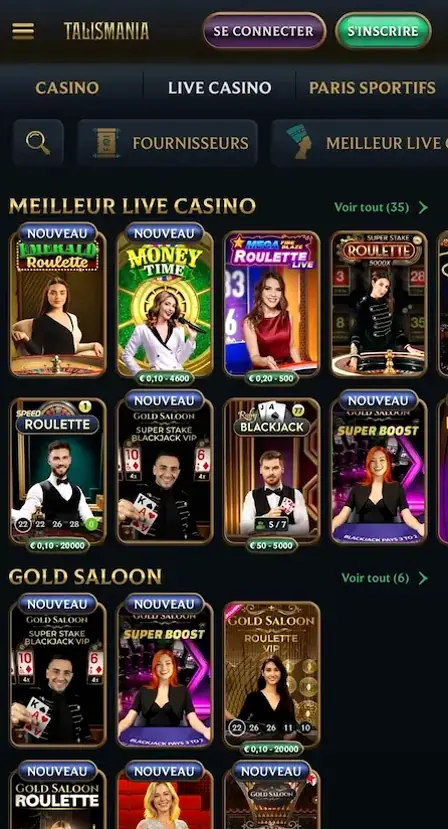 Machines à sous et tables avec croupier ouvertes depuis Talismania mobile