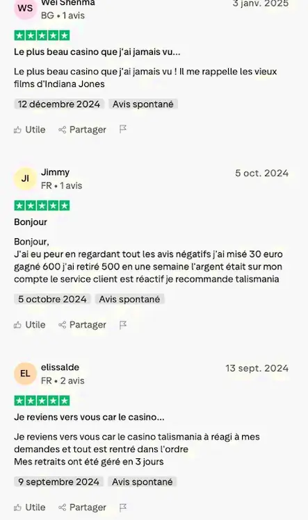 Comparaison des témoignages de joueurs Talismania visibles sur Trustpilot
