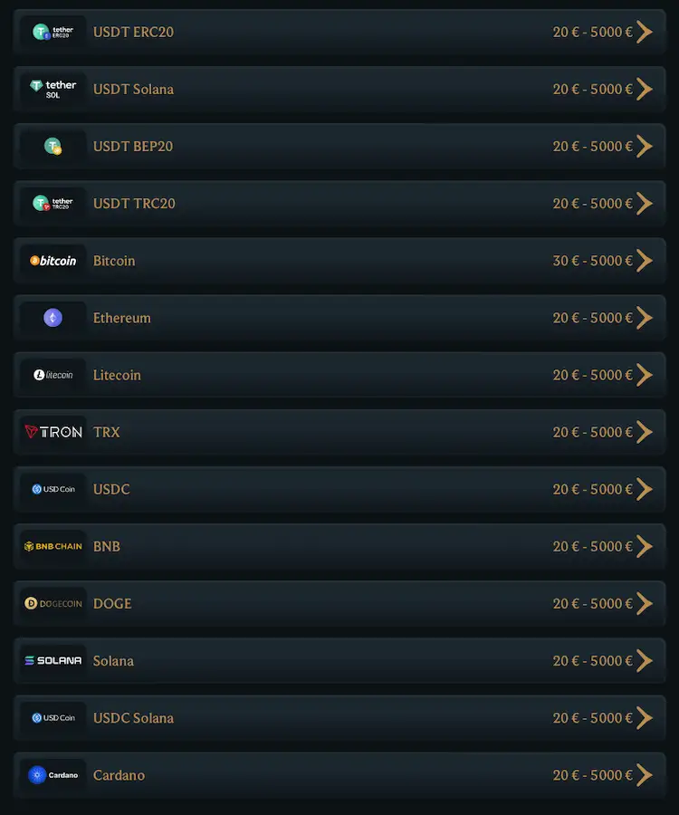 Méthodes de dépôt crypto