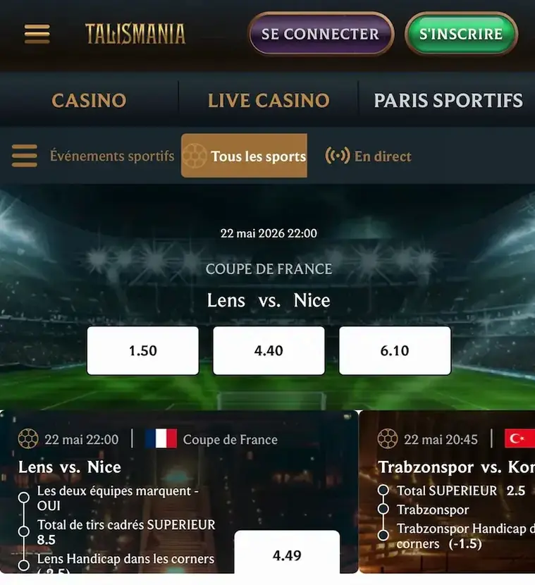 Interface mobile servant à consulter les événements et cotes de paris sportifs